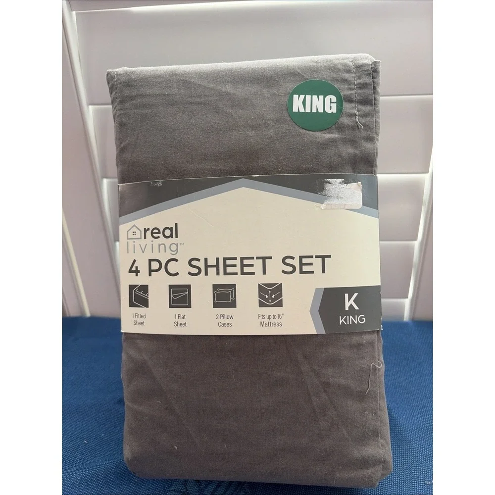 Real Living 4 pc. King Sheet Set Fitted Flat 2 Pillowcases Charcoal Gray